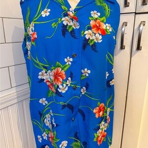 Blue Hawaiian Sleeveless Tropical Blue Floral Button-Up Shirt. Made in Hawaii.